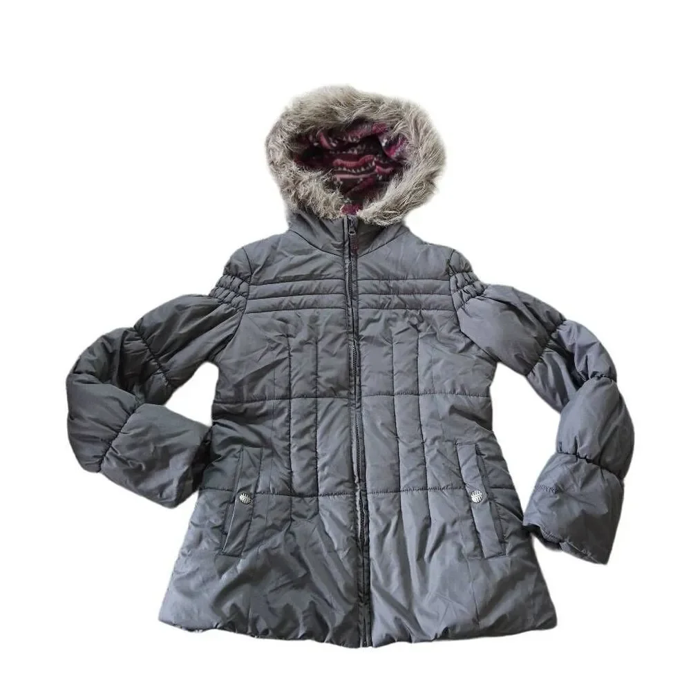London Fog Girls Gray Puffer Jacket XL/14-16 Faux Fur Trimmed Hood